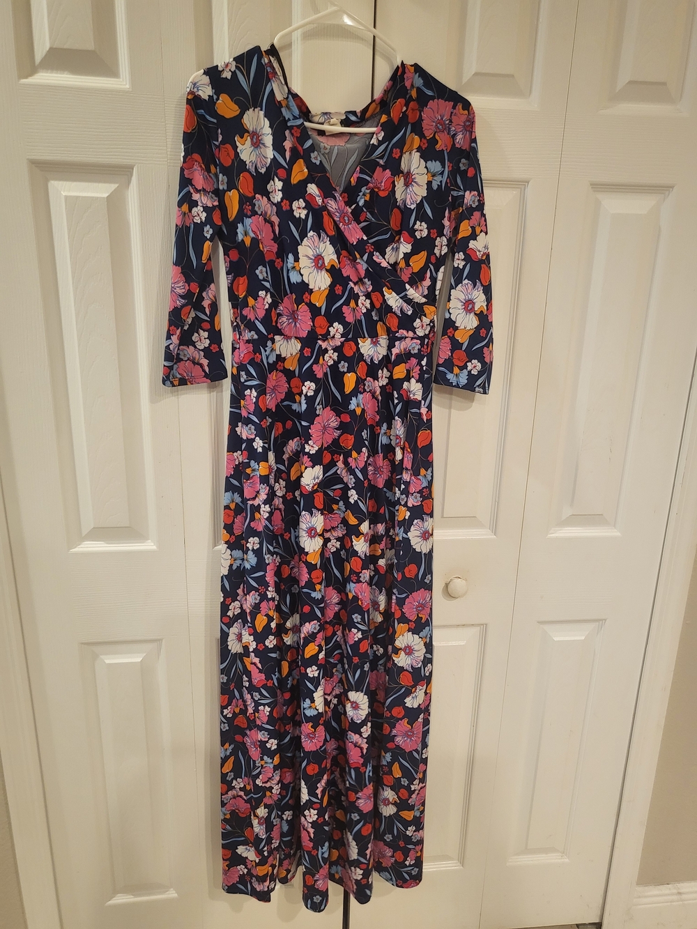 Beware Floral Faux Wrap Maxi Dress Size L - Navy Blue Multi Vibrant Print